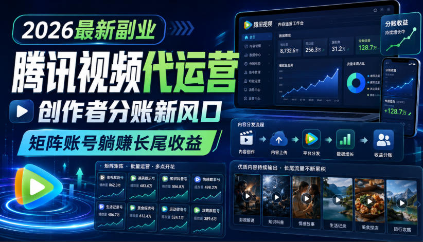 2026最新副业之腾讯视频代运营：创作者分账新风口，矩阵账号躺賺长尾收益【揭秘】-资源后花园