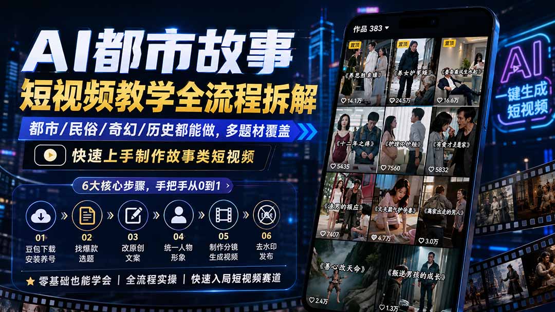 AI都市故事短视频教学全流程拆解；都市/民俗/奇幻/历史都能做多题材覆盖，快速上手制作故事类短视频-资源后花园