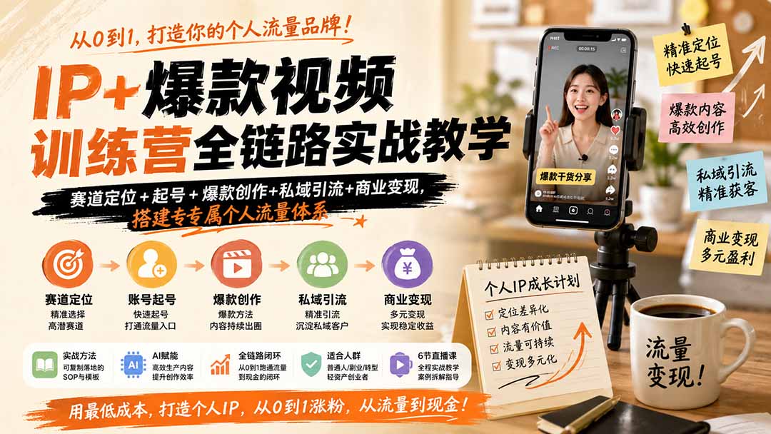 IP+爆款视频训练营全链路实战教学；赛道定位+起号+爆款创作+私域引流+商业变现，搭建专属个人流量体系-资源后花园