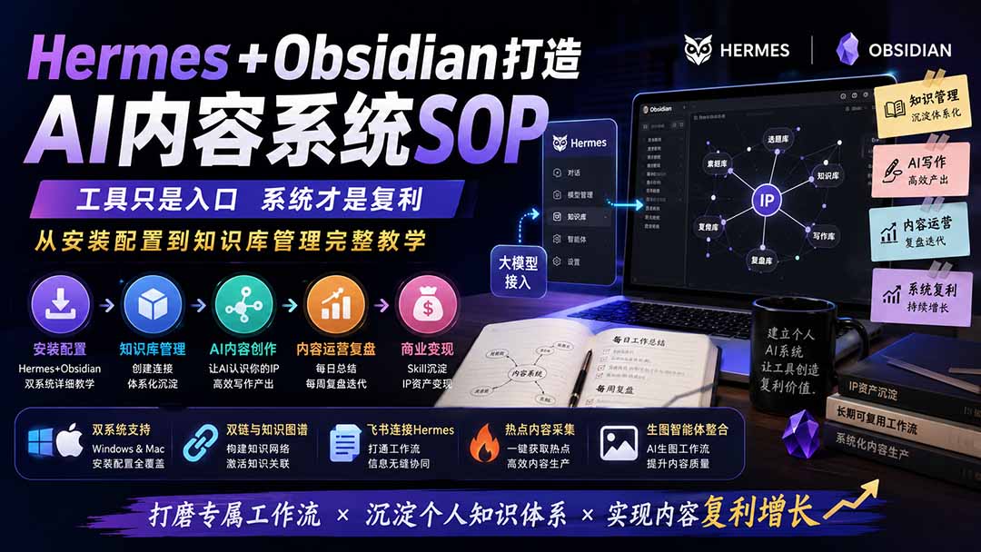 Hermes+Obsidian打造AI内容系统SOP；工具只是入口系统才是复利，从安装配置到知识库管理完整教学-资源后花园