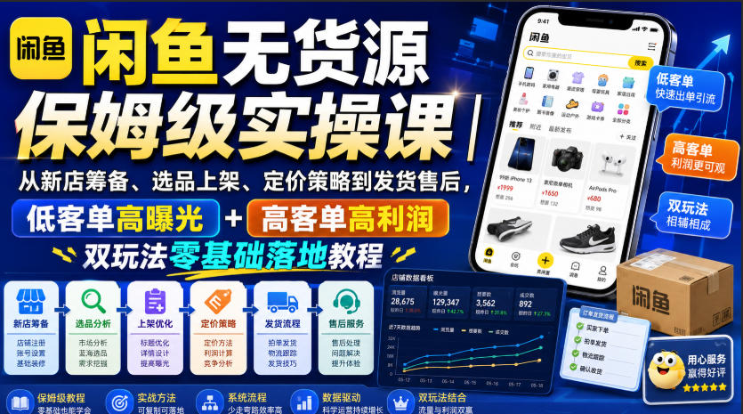 闲鱼无货源保姆级实操课｜从新店筹备、选品上架、定价策略到发货售后，低客单高曝光+高客单高利润双玩法零基础落地教程-资源后花园