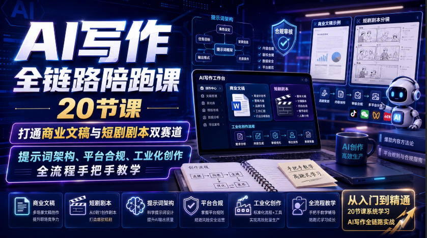 AI写作全链路陪跑课｜20节课打通商业文稿与短剧剧本双赛道，提示词架构、平台合规、工业化创作全流程手把手教学-资源后花园