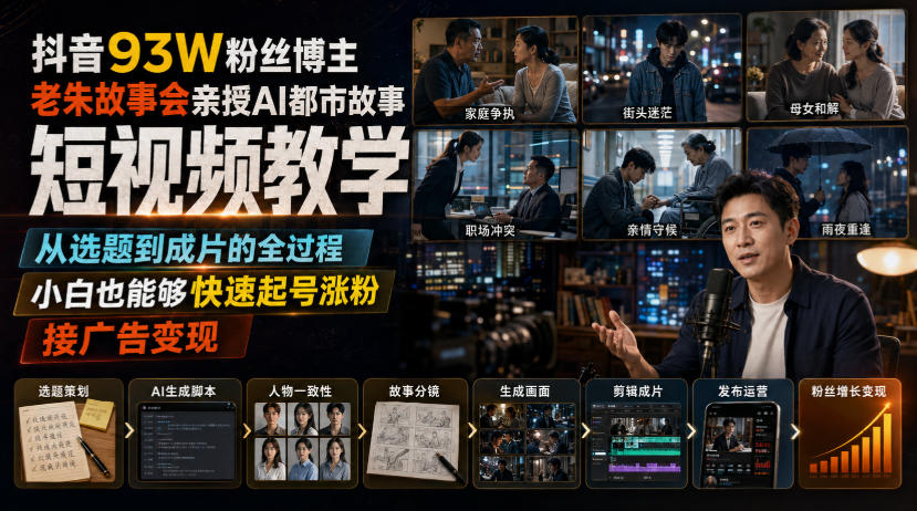 抖音93W粉丝博主老朱故事会亲授AI都市故事短视频教学，从选题到成片的全过程，小白也能够快速起号涨粉接广告变现-资源后花园