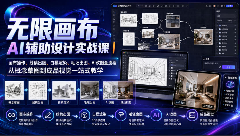 无限画布AI辅助设计实战课｜画布操作、线稿出图、白模渲染、毛坯出图、AI改图全流程，从概念草图到成品视觉一站式教学-资源后花园