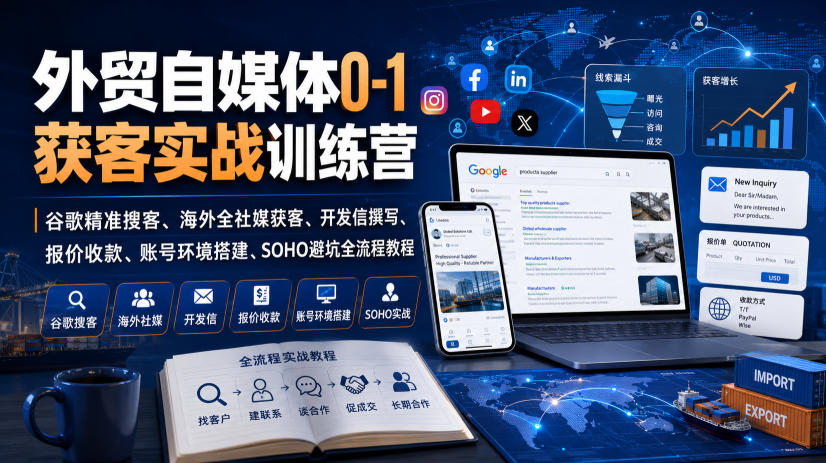 外贸自媒体0-1获客实战训练营｜谷歌精准搜客、海外全社媒获客、开发信撰写、报价收款、账号环境搭建、SOHO避坑全流程教程-资源后花园