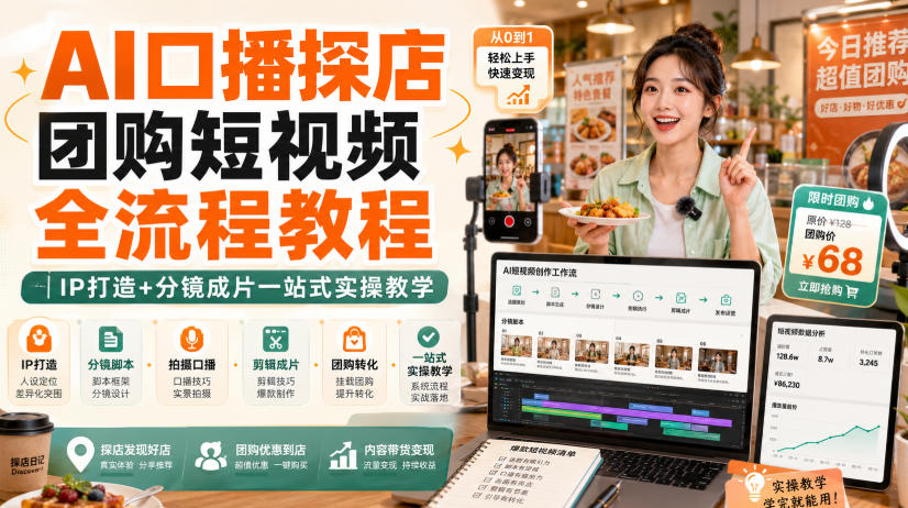 AI口播探店团购短视频全流程教程｜IP打造+分镜成片一站式实操教学-资源后花园
