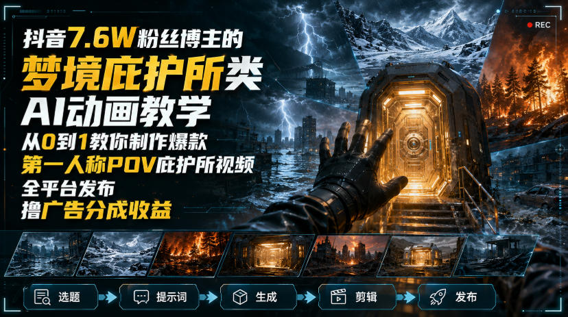 抖音7.6W粉丝博主的梦境庇护所类AI动画教学，从0到1教你制作爆款第一人称POV庇护所视频，全平台发布撸广告分成收益-资源后花园