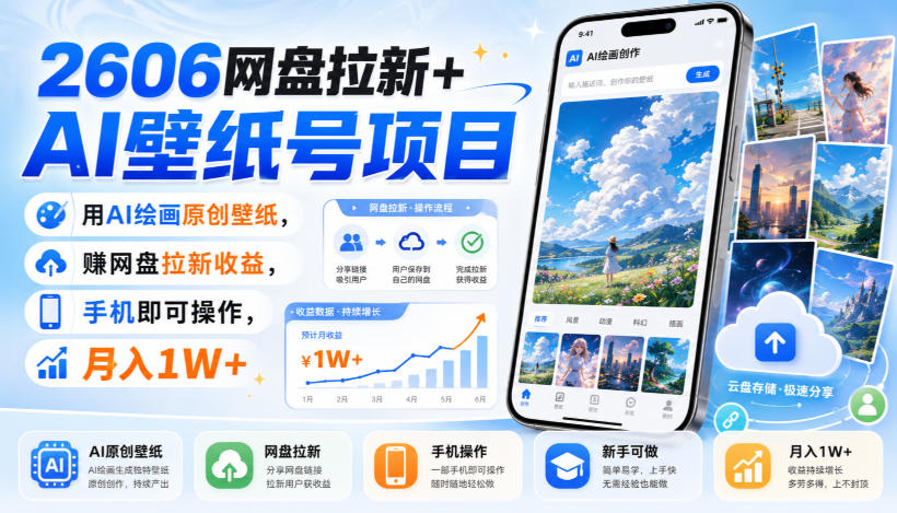 2606网盘拉新+AI壁纸号项目，用AI绘画原创壁纸，賺网盘拉新收益，手机即可操作，月入1W+-资源后花园