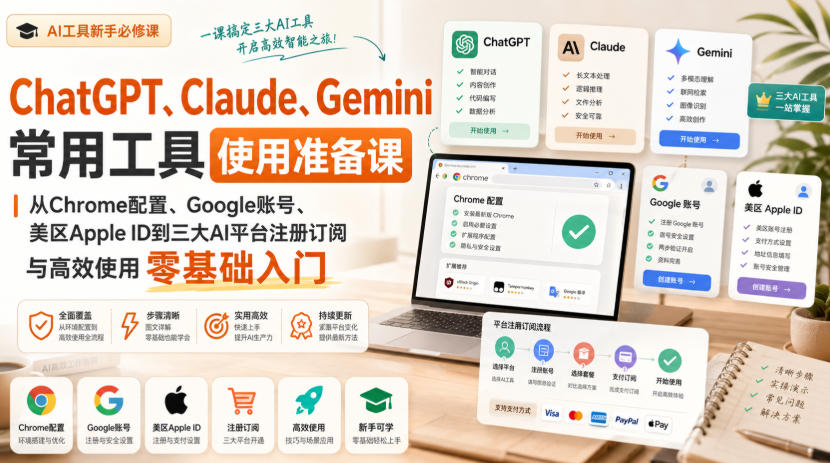 ChatGPT、Claude、Gemini常用工具使用准备课｜从Chrome配置、Google账号、美区Apple ID到三大AI平台注册订阅与高效使用零基础入门-资源后花园
