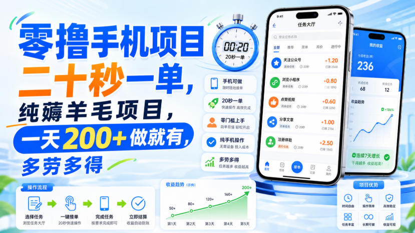 零撸手机项目，二十秒一单，纯薅羊毛项目，一天200+做就有，多劳多得【揭秘】-资源后花园