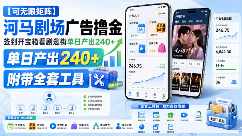 【可无限矩阵】河马剧场广告撸金，签到开宝箱看剧逛街单日产出240+，附带全套工具【揭秘】-资源后花园