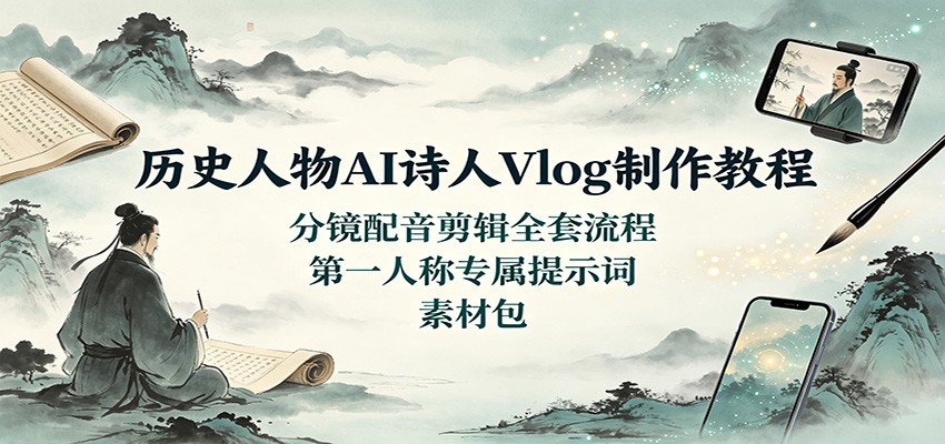 历史人物AI诗人Vlog制作教程：分镜配音剪辑全套流程，第一人称专属提示词素材包-资源后花园