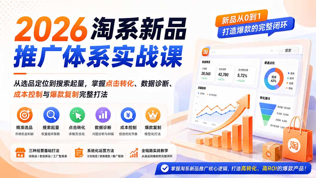 2026淘系新品推广体系实战课：从选品定位到搜索起量，掌握点击转化、数据诊断、成本控制与爆款复制完整打法-资源后花园