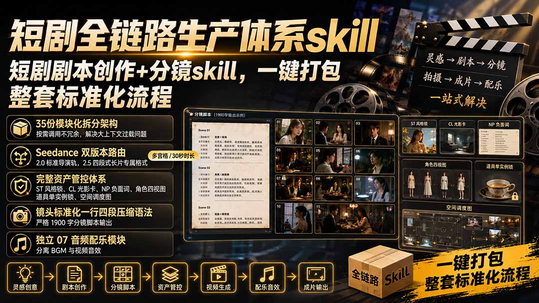 短剧全链路生产体系skill，短剧剧本创作+分镜skill，一键打包，整套标准化流程-资源后花园