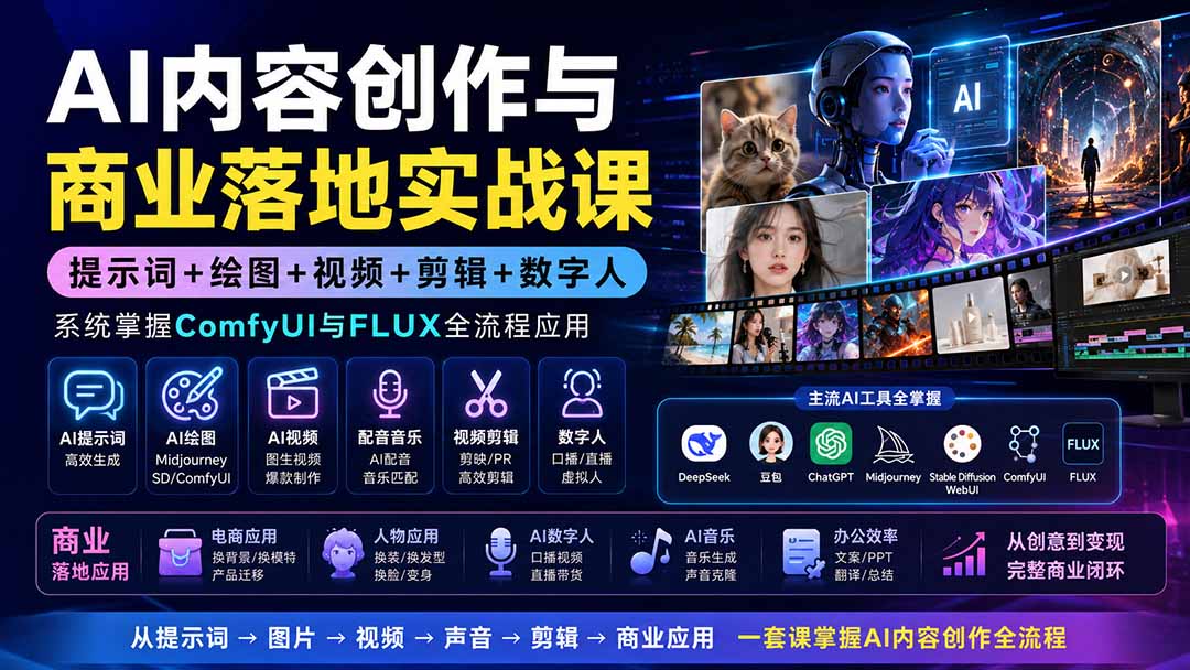 AI内容创作与商业落地实战课：提示词+绘图+视频+剪辑+数字人，系统掌握ComfyUI与FLUX全流程应用-资源后花园