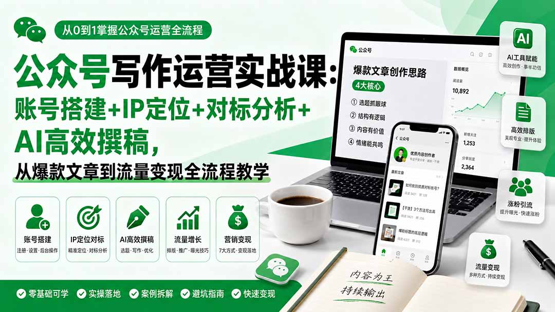 公众号写作运营实战课：账号搭建+IP定位+对标分析+AI高效撰稿，从爆款文章到流量变现全流程教学-资源后花园