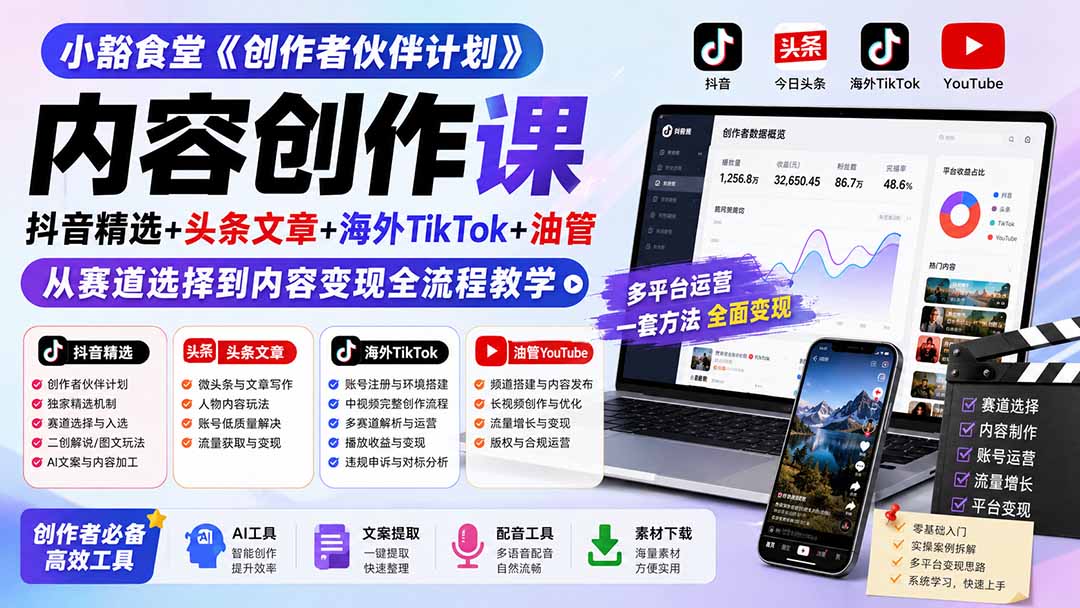 小豁食堂《创作者伙伴计划》内容创作课：抖音精选+头条文章+海外TikTok+油管，从赛道选择到内容变现全流程教学-资源后花园