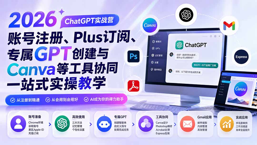2026 ChatGPT实战营；账号注册、Plus订阅、专属GPT创建与Canva等工具协同一站式实操教学-资源后花园