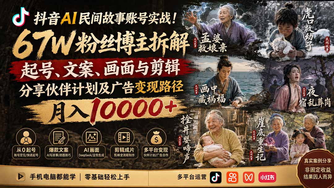 抖音AI民间故事账号实战！67W粉丝博主拆解起号、文案、画面与剪辑，分享伙伴计划及广告变现路径，月入10000+-资源后花园