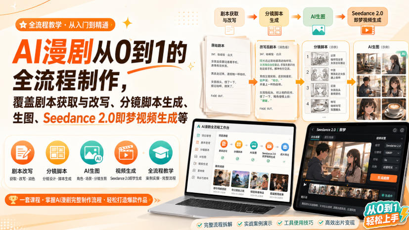 AI漫剧从0到1的全流程制作，覆盖剧本获取与改写、分镜脚本生成、角色场景生图与三视图、Seedance 2.0即梦视频生成(PDF版)-资源后花园