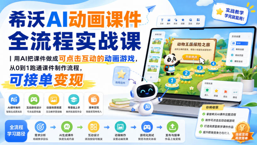 希沃AI动画课件全流程实战课｜用AI把课件做成可点击互动的动画游戏，从0到1跑通课件制作流程，可接单变现-资源后花园