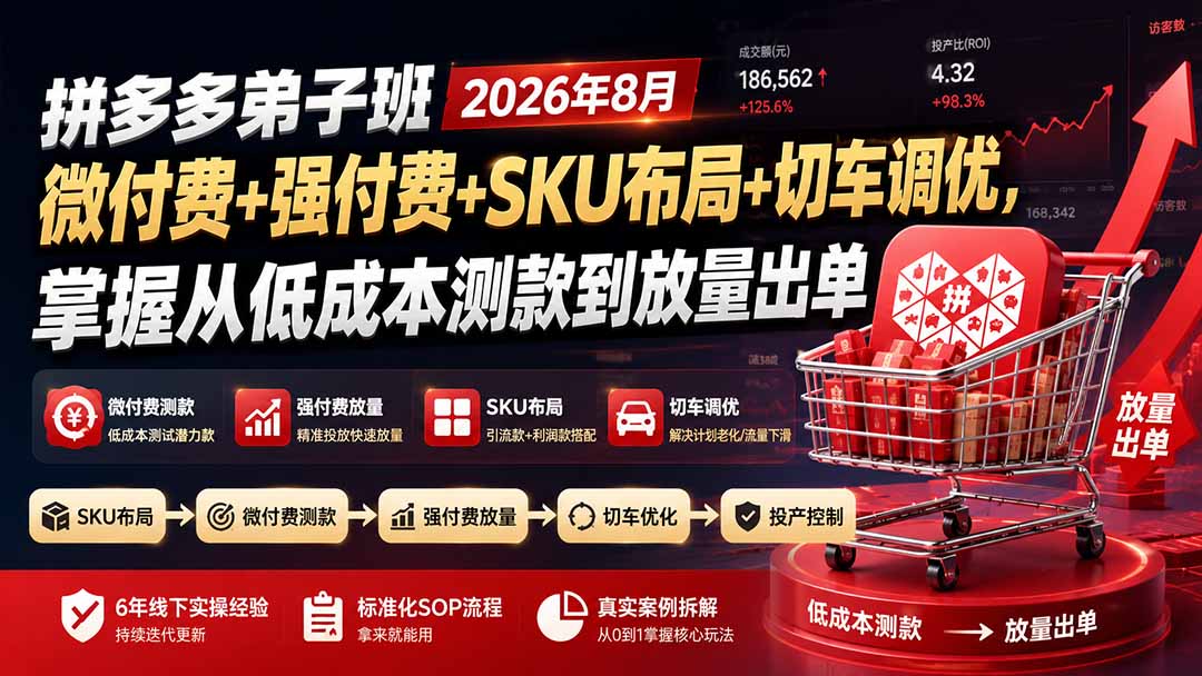 拼多多弟子班2026年8月：微付费+强付费+SKU布局+切车调优，掌握从低成本测款到放量出单-资源后花园