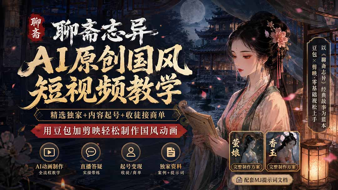 聊斋志异AI原创国风短视频教学-更新；精选独家+内容起号+收徒接商单，用豆包加剪映轻松制作国风动画-资源后花园