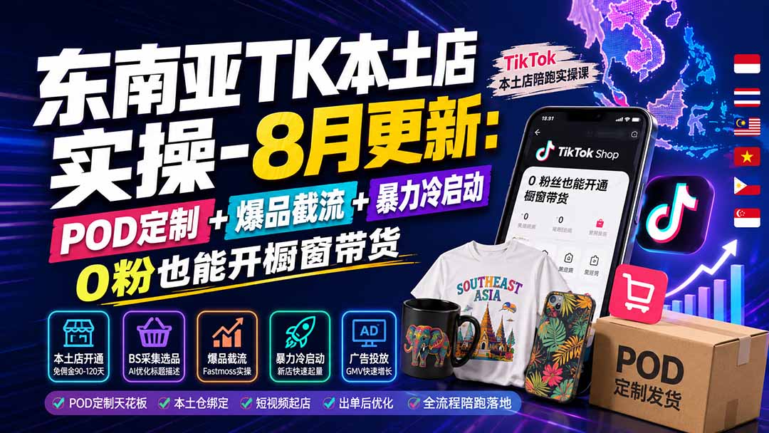 东南亚TK本土店实操-8月更新：POD定制+爆品截流+暴力冷启动，0粉也能开橱窗带货-资源后花园