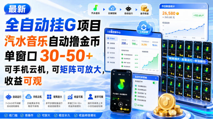最新全自动挂G项目，汽水音乐自动撸金币单窗口30-50+，可手机云机，可矩阵可放大，收益可观-资源后花园