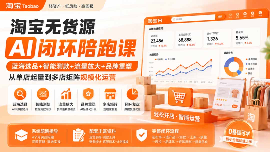 淘宝无货源AI闭环陪跑课：蓝海选品+智能测款+流量放大+品牌重塑，从单店起量到多店矩阵规模化运营-资源后花园