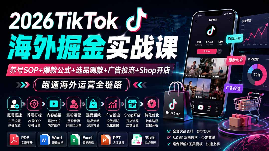 2026TikTok海外掘金实战课——养号SOP+爆款公式+选品测款+广告投流+Shop开店，跑通海外运营全链路-资源后花园