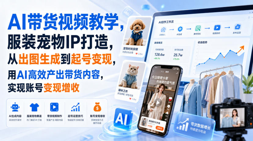 AI带货视频教学，服装宠物IP打造，从出图生成到起号变现，用AI高效产出带货内容，实现账号变现增收-资源后花园