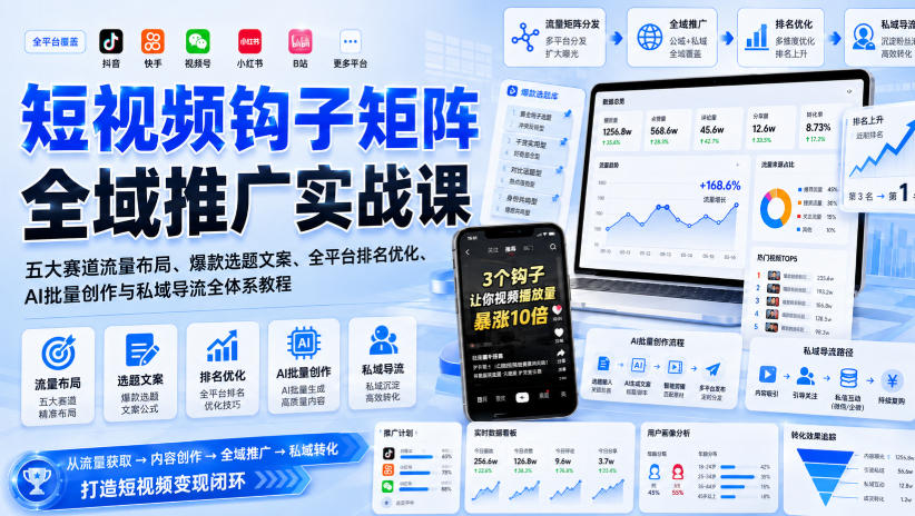 短视频钩子矩阵全域推广实战课｜五大赛道流量布局、爆款选题文案、全平台排名优化、AI批量创作与私域导流全体系教程-资源后花园