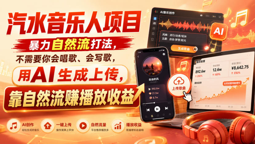 汽水音乐人项目，暴力自然流打法，不需要你会唱歌、会写歌，用AI生成上传，靠自然流賺播放收益-资源后花园