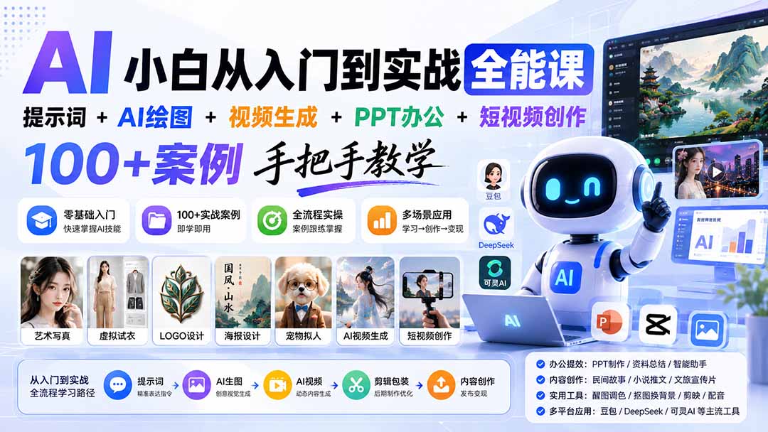 AI小白从入门到实战全能课：提示词+AI绘图+视频生成+PPT办公+短视频创作，100+案例手把手教学