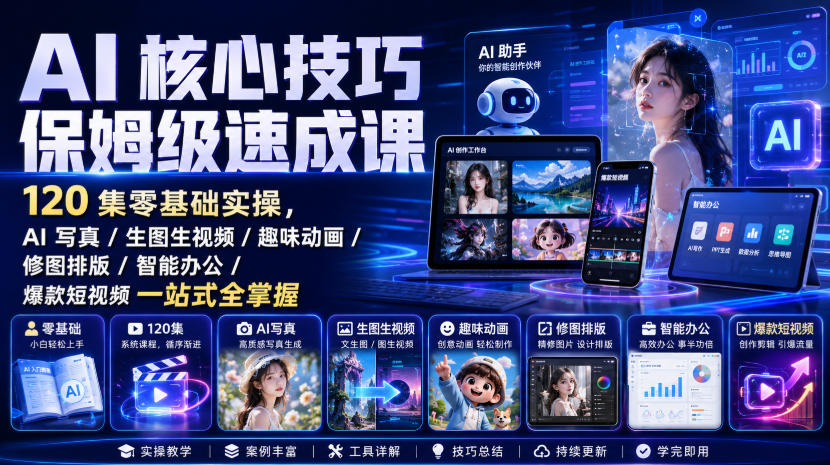 AI核心技巧保姆级速成课｜120集零基础实操，AI写真/生图生视频/趣味动画/修图排版/智能办公/爆款短视频一站式全掌握(更新)-资源后花园