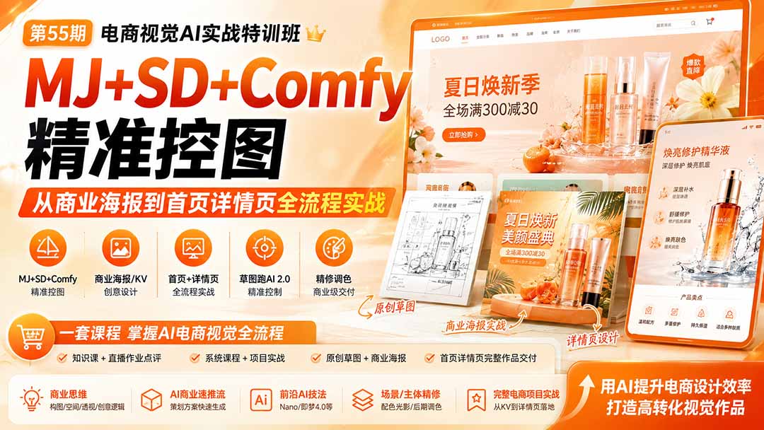 电商视觉 AI实战训练营第55期：MJ+SD+Comfy精准控图，从商业海报到首页详情页全流程实战-资源后花园