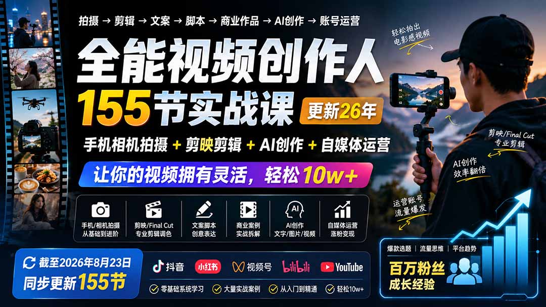 全能视频创作人155节实战课-更新26年8月：手机相机拍摄+剪映剪辑+AI创作+自媒体运营，让你的视频拥有灵活，轻松10w-资源后花园
