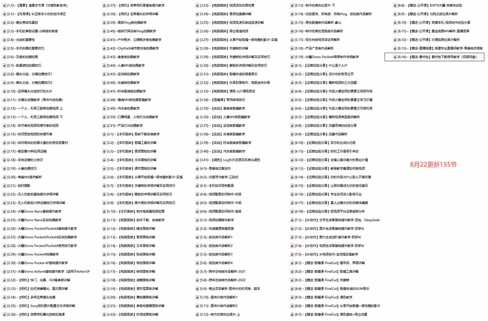 全能视频创作人155节实战课-更新26年8月：手机相机拍摄+剪映剪辑+AI创作+自媒体运营，让你的视频拥有灵活，轻松10w