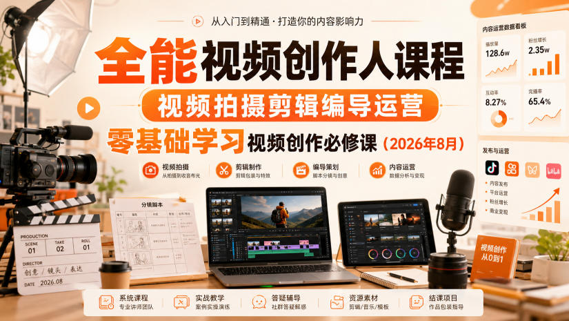 全能视频创作人课程，视频拍摄剪辑编导运营，零基础学习视频创作必修课(2026年8月)-资源后花园