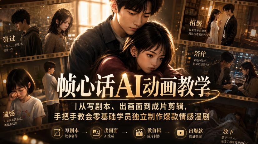 帧心话AI动画教学｜从写剧本、出画面到成片剪辑，手把手教会零基础学员独立制作爆款情感漫剧-资源后花园