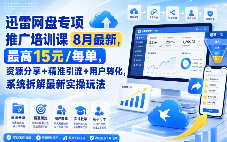 迅雷网盘专项推广培训课8月最新，最高15米/每单，资源分享+精准引流+用户转化，系统拆解最新实操玩法(更新0824)-资源后花园