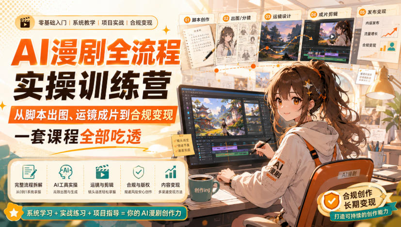 AI漫剧全流程实操训练营，从脚本出图、运镜成片到合规变现，一套课程全部吃透-资源后花园