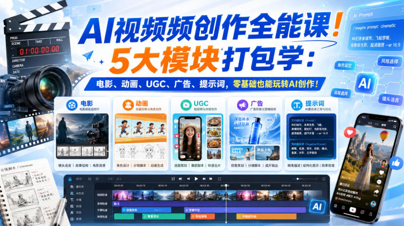 AI视频频创作全能课！5大模块打包学：电影、动画、UGC、广告、提示词，零基础也能玩转AI创作！【原创双语字幕】-资源后花园