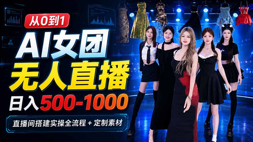 AI 女团无人直播，躺入500-1000每天，直播间搭建实操全流程+定制素材-资源后花园