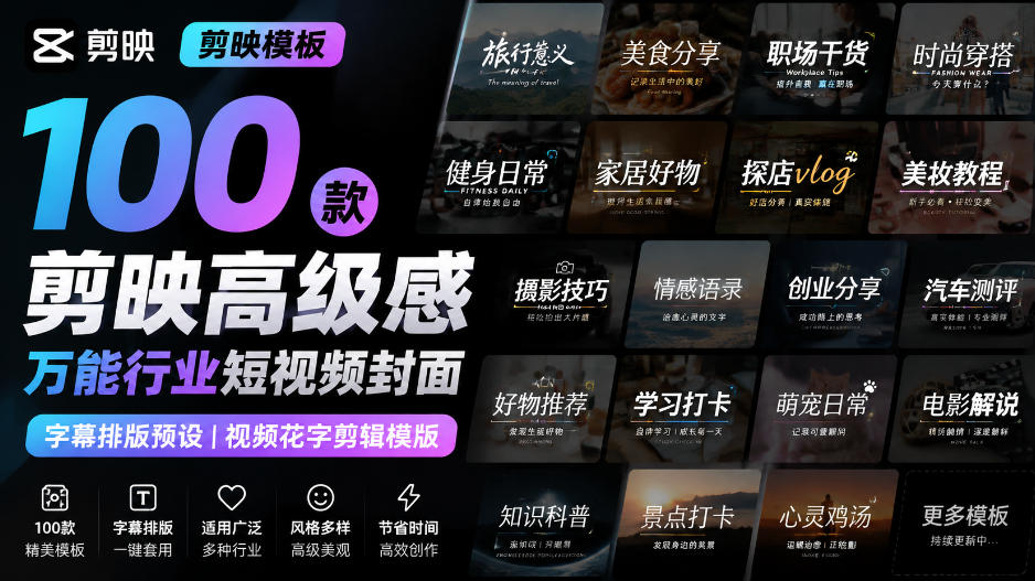 【剪映模板】100款剪映高级感万能行业短视频封面字幕排版预设视频花字剪辑模版-资源后花园
