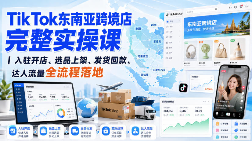 TikTok东南亚跨境店完整实操课｜入驻开店、选品上架、发货回款、达人流量全流程落地-资源后花园