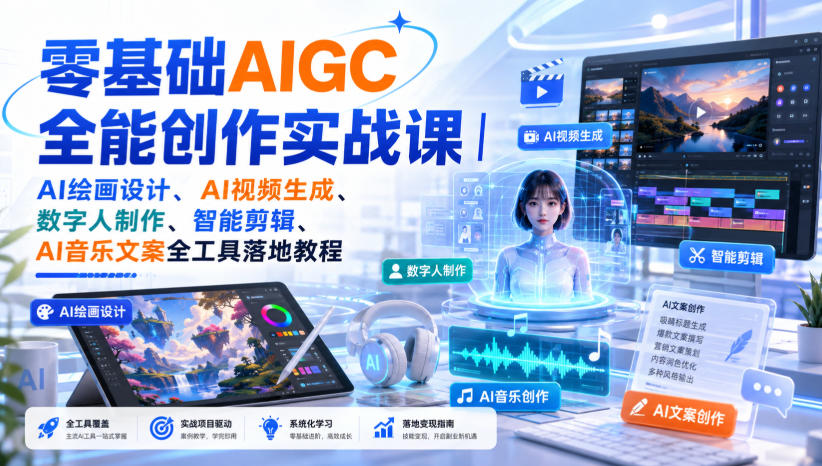 零基础AIGC全能创作实战课｜AI绘画设计、AI视频生成、数字人制作、智能剪辑、AI音乐文案全工具落地教程-资源后花园