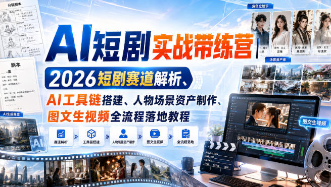 AI短剧实战带练营｜2026短剧赛道解析、AI工具链搭建、人物场景资产制作、图文生视频全流程落地教程-资源后花园