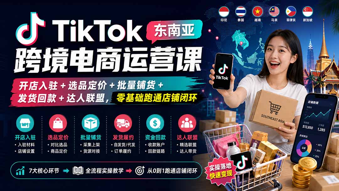 TikTok东南亚跨境电商运营课：开店入驻+选品定价+批量铺货+发货回款+达人联盟，零基础跑通店铺闭环-资源后花园